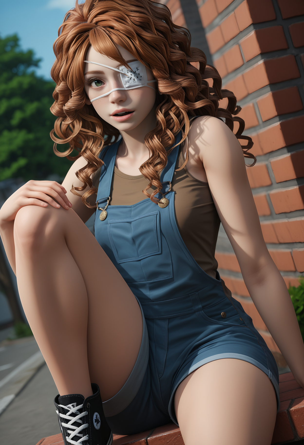 score_9, score_8_up, score_7_up,
outdoors, dusk, brick wall, tree,
1girl, solo, d4rkn0v4, curly hair, medical eyepatch,
overall shorts, grey overalls, brown tank top, sneakers, converse,
sitting, knee up, hand on own knee, talking,
parted lips,
looking at viewer,
wide shot, dutch angle, depth of field,
<lora:Dark_Nova_Pony_v08:0.8>
