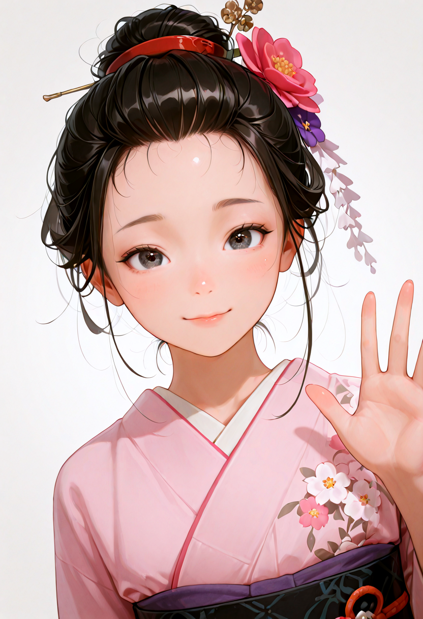 IllusP0s, masterpiece, best quality, amazing quality, very aesthetic, absurdres, newest, ((dynamic angle:1.4)), (detailed eyes:1.4),((ultra detailed hair:1.4)), Japan in 1926
BREAK
1girl, ka0ru-1zud,black eyes, long hair, (sparkling eyes:0.8), ((nihongami)), ((hair bun:1.4)), ((hair pulled back:1.3)), ((No makeup)),((No sideburns))
((J_hairstyle)), pink kimono, Japanese clothing, kimono,obi, J_kanzashi, hair ornament, traveling performer costume
BREAK
((blank background)) ((upper body)),straight-on, waving hand slightly, Nostalgic, 
<lora:Kaoru_-_Izu_Dancer_-_AI_Challenge:0.7>