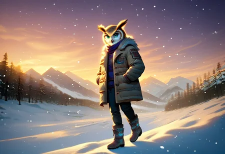 score_9, score_8_up, score_7_up, score_6_up, score_5_up, score_4_up, high quality, hires, (high quality, highres, masterpiece) (high quality, highres, masterpiece), (masterpiece,high quality,8k), sc3nery snow, falling snow, snowy mountain, orange sky, sunset, purple sky, dynamic lighting, cinematic lighting, score_9, source_anime, 1boy, solo, full body, 1boy, ((solo)), male, owl, owlfolk, pink winter jacket, blue eyes, pants, snow boots, dynamic angle, standing, hands in pockets,