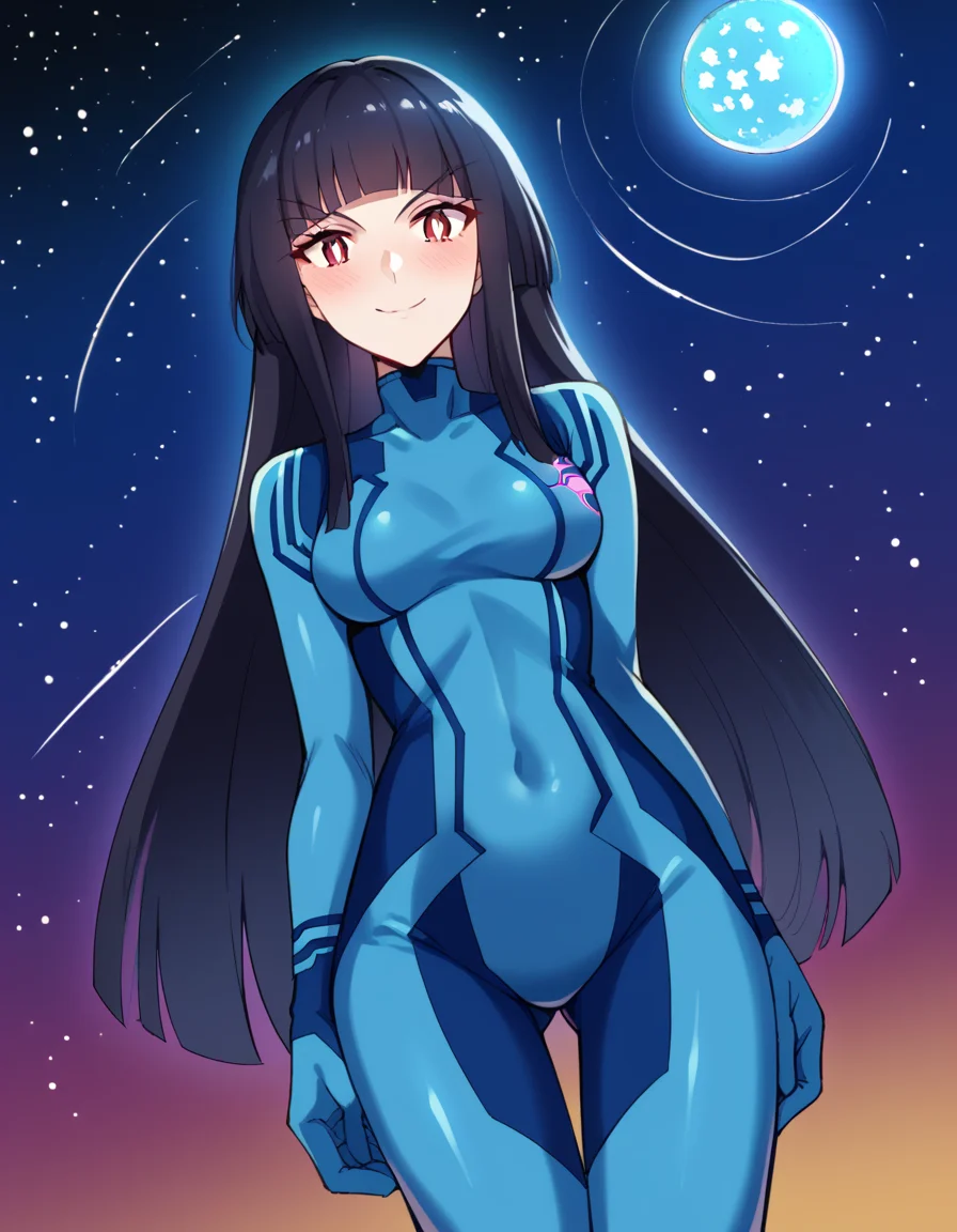 score_9, score_8_up, score_7_up, source_anime, <lora:shield-glass-s1s2-ponyxl-lora-nochekaiser:1>, glass, long hair, bangs, black hair, blunt bangs, hime cut, red eyes, slit pupils, bright pupils, medium breasts,, <lora:samus-aran-cosplay-ponyxl-lora-nochekaiser:1>, samusarancosplay, samus aran (cosplay), blue bodysuit, bodysuit, covered navel, skin tight, zero suit,, space, planet, earth (planet), star (sky), galaxy, nebula, moon, blush, smile, , dutch angle, cowboy shot