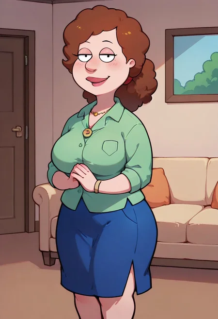 score_9,score_8_up,score_7_up,score_6_up,best quality, 1girl, solo, living room, couch, indoors,
BREAK
unnamed girl, brown hair, black eyes, big nose, (mature female:1.5), (plump:1.2), large breasts, gigantic hips, thick thighs, green sweater, rolled up sleeves, blue skirt, stockings, own hand together, blush, smile, looking at viewer, long skirt, half-closed eyes, necklace,