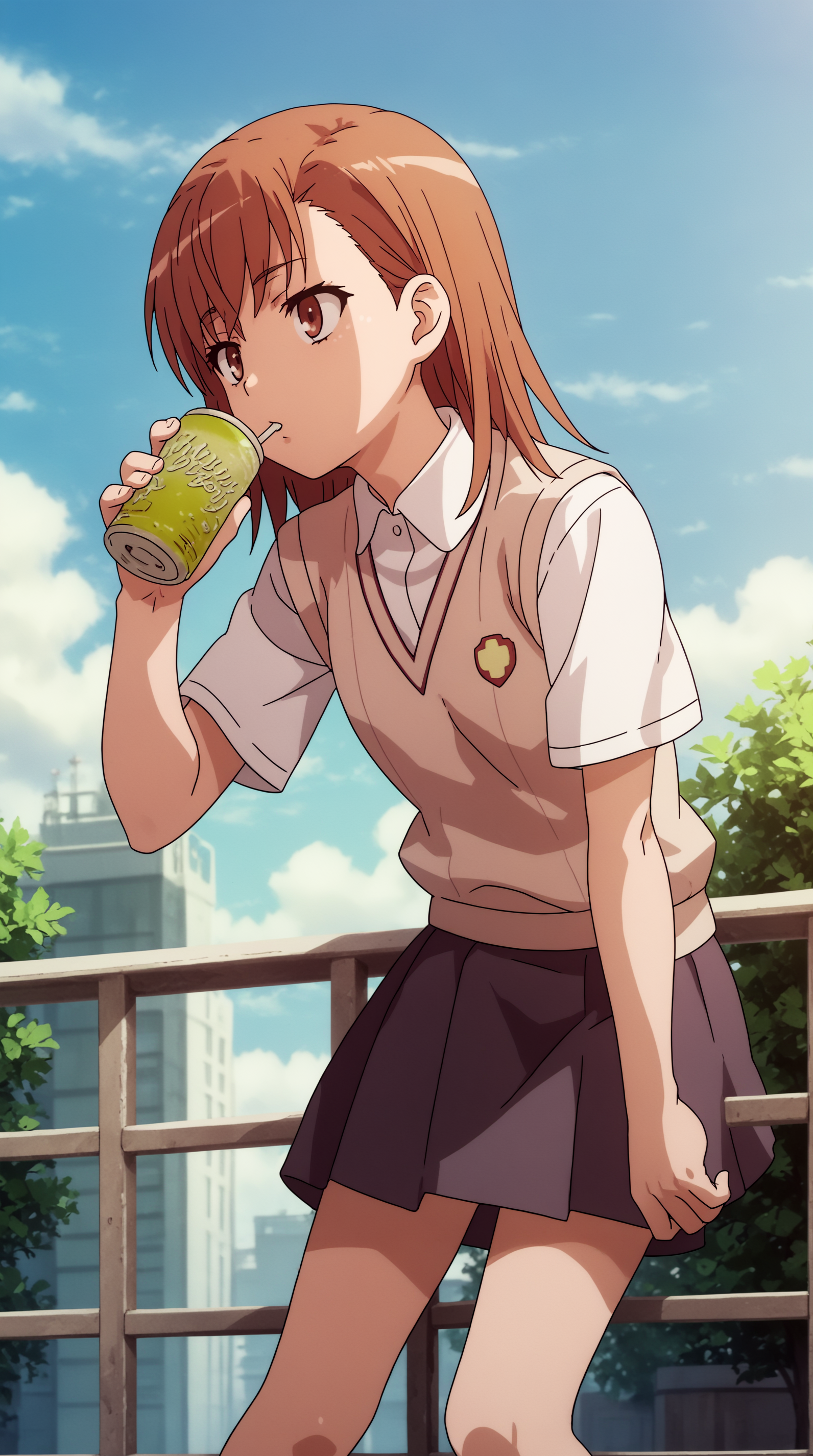 score_9, score_8_up, score_7_up, best background, detailed background, 4k, upscale, anime_source,  Mikoto Misaka, Main Outfit, solo, can, railing, drink can, soda can, outdoors,  <lora:JN_Mikoto_Misaka_Pony:0.8>