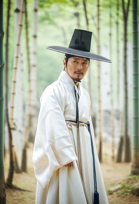 safe_pos, perfect anatomy, perfect proportions, best quality, masterpiece, high_resolution, high quality, solo focus, male focus, male only, bara, , mature, masculine, manly, rugged, handsome, alluring, heroic, cowboy shot, dutch angle, look at viewer, asian male, Korean male, dark eyes, dark hair, facial hair, stubble, HannekenJungchimak, Korean clothing, (white Hanbok, jungchimak\(Korean clothing\), long jungchimak, long clothes, closed clothes:1.5), manggeon headband, black headband, black gat_hat, black headwear, white baji pants, kkotsin footwear, blurred background, outdoor, nature, bamboo forest, Korean architecture, movie still, perfect face, vibrant, vivid, stardom, glamorous, extraordinary achievement, award-winning, expressionist, cinematic, cinematic still, emotional, harmonious, vignette, bokeh, cinemascope, moody, epic, gorgeous, traditional media, Pungsokhwa style, Joseon dynasty