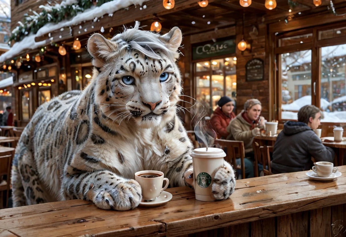 scenic, wide angle, panoramic, (feral snow leopard male with a (((tuft of short gray hair:1.2))), blue eyes, enjoying a cup of coffee at a cafe), fluffy paws, snow leopard tail, pink nose, digitigrade, detailed paws, realistic paws, thick, fluffy, athletic, muscular, pawpads, cafe, coffee shop, espresso, public, customers, crowded, winter, cozy, warm lighting, score_9_up, score_8_up, score_7_up, score_6_up, score_5_up, score_4_up, hair on feral, (cozy cafe background), detailed background, ral-fluff