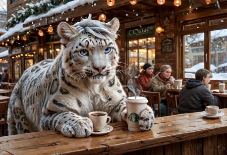 scenic, wide angle, panoramic, (feral snow leopard male with a (((tuft of short gray hair:1.2))), blue eyes, enjoying a cup of coffee at a cafe), fluffy paws, snow leopard tail, pink nose, digitigrade, detailed paws, realistic paws, thick, fluffy, athletic, muscular, pawpads, cafe, coffee shop, espresso, public, customers, crowded, winter, cozy, warm lighting, score_9_up, score_8_up, score_7_up, score_6_up, score_5_up, score_4_up, hair on feral, (cozy cafe background), detailed background, ral-fluff