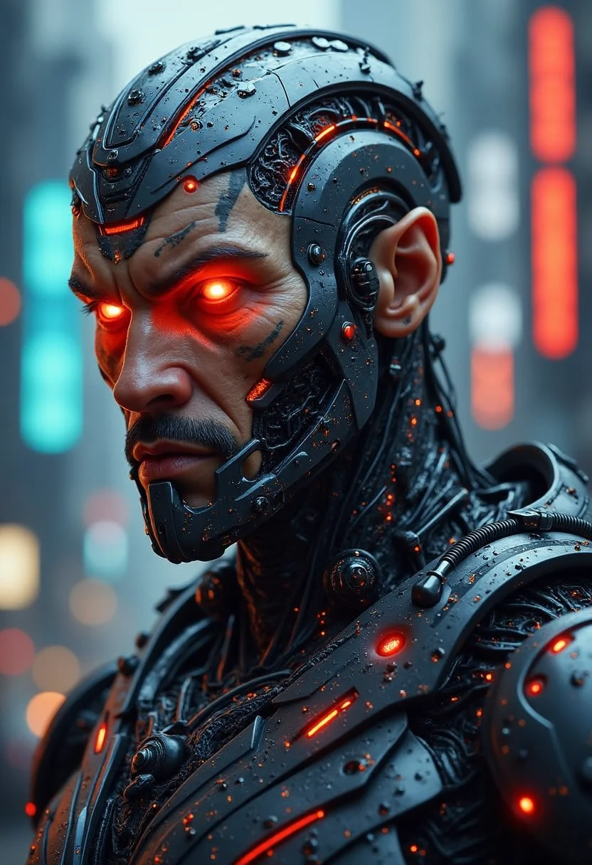 YFG-Zaat capturing a man with glowing red cybernetic implants, detailed facial scars, wearing futuristic armor, intense expression, bright city lights in the background, and a dark, moody urban setting,Futuristic digital painting with high contrast and vibrant neon colors, focusing on a stern man with luminous with intricate textures and vibrant colors. The scene should include a rich variety of elements, each contributing to the overall atmosphere. Lighting should be soft, diffused, and natural, enhancing the depth and realism of the scene. The mood is to be calm yet vibrant, creating a sense of serenity and wonder. Every detail in the scene should be meticulously rendered, emphasizing the contrast between light and shadow, and capturing the fine textures and subtle gradients. The color palette should be carefully chosen to evoke emotion, with each hue enhancing the aesthetic appeal of the overall composition. The final image should be immersive and captivating, drawing the viewer into its intricately detailed world.