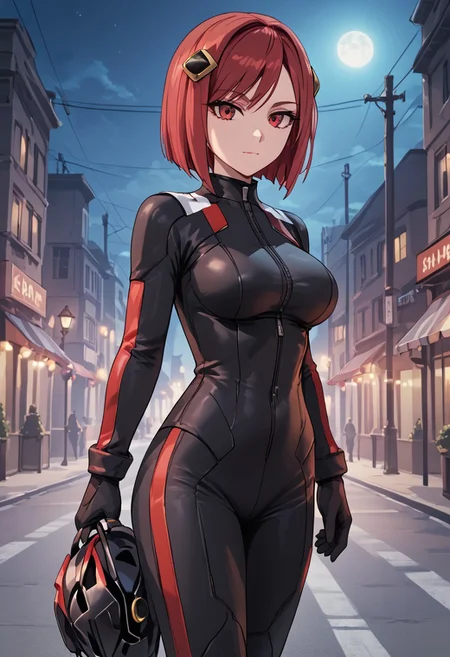 score_4,score_5,score_6,score_7_up,score_8_up,score_9 ((masterpiece,best quality,ultra detailed,highres,HD,4k:1.2)),
1girl,solo,girl focus,solo focus,
red hair,red eyes,short hair,hair ornament,large breasts, rider suit,bodysuit,gloves, ((Rider suit, black rider suit,sexy rider suit,))Bikes, standing near bikes,headwear removed,Night, highway, street lights, Expressionless,