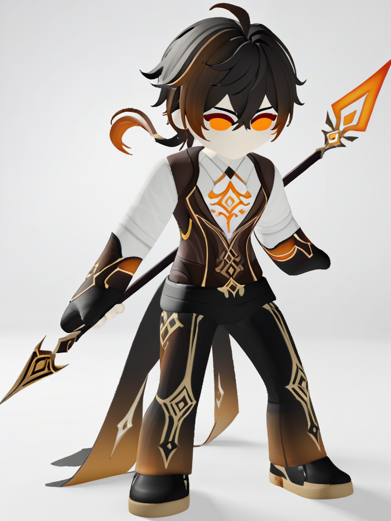 (score_9,score_8_up,score_7_up), source_anime, 3d, chibi, roblox,
solid cirle eyes, orange eyes, no mouth, 1boy, zhongli \(genshin impact\), fighting stance, full body, holding spear,
white background, simple background,