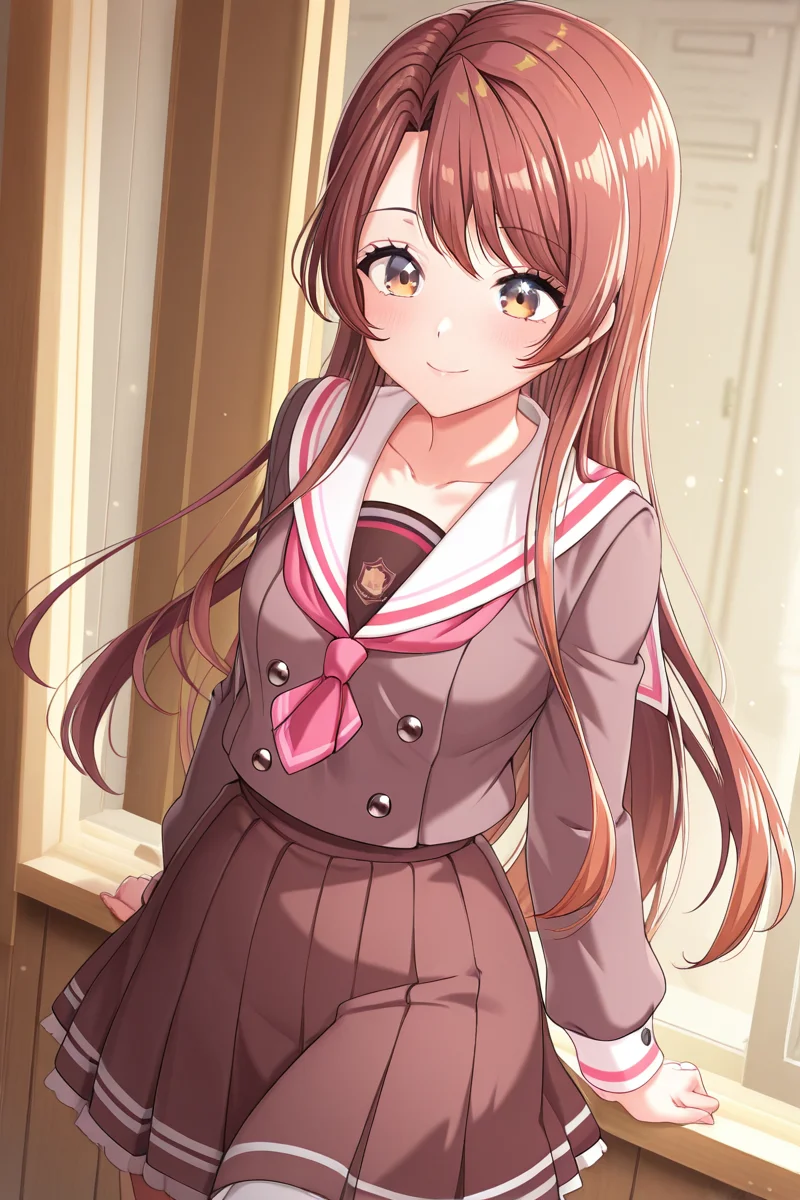 masterpiece, best quality, amazing quality,
<lora:Haruna_IL:1> haruna, 1girl, solo, long hair, school uniform, skirt, brown hair, sailor collar, pleated skirt, neckerchief, brown skirt, long sleeves, smile, shirt, collarbone, white sailor collar, lillilly school uniform