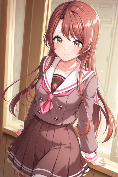 masterpiece, best quality, amazing quality,
<lora:Haruna_IL:1> haruna, 1girl, solo, long hair, school uniform, skirt, brown hair, sailor collar, pleated skirt, neckerchief, brown skirt, long sleeves, smile, shirt, collarbone, white sailor collar, lillilly school uniform