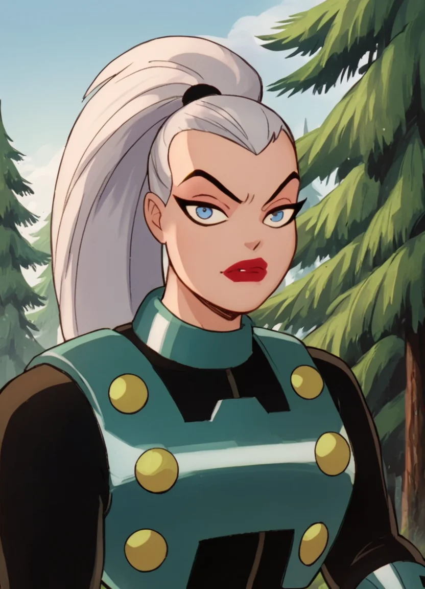 <lora:MalaPony1.00:1>mala, 1girl, solo, black bodysuit, lipstick, blue eyes, bracer,ponytail, white hair, score_9, score_8_up, score_7_up, score_6_up, score_5_up, score_4_up, looking at viewer, cowboy shot,outdoors, tree,