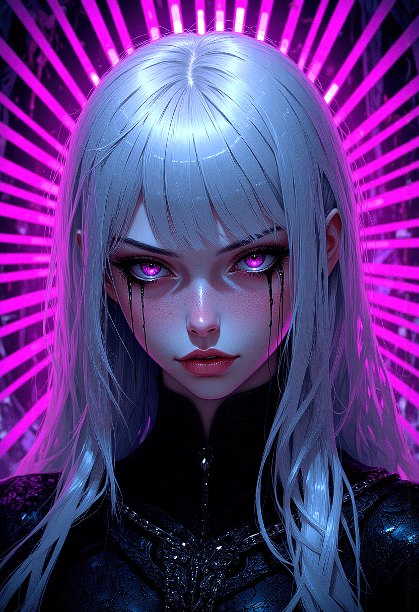 Close-up of an ethereal, pale-skinned young woman with long, straight, ice-blue hair and bangs covering her forehead. Her eyes are glowing magenta with dark, thin tears streaming down her cheeks, creating a ghostly, unsettling effect. She wears a high-neck, intricate, gothic-style black garment adorned with subtle chains, giving her a mysterious, dark allure. The background is an intense, radial pattern of magenta and deep purple rays emanating from behind her, adding a surreal and hypnotic feel. Her expression is blank, with slightly parted lips, enhancing the haunting, almost otherworldly aura.  <lora:FluxMythP0rtr4itStyle:0.8> MythP0rt, <lora:aidmaMJ6.1-FLUX-V0.2:0.6> aidmaMJ6.1, <lora:sxz-Dark-Fantasy-v2-Flux:0.66> drkfnts style,
