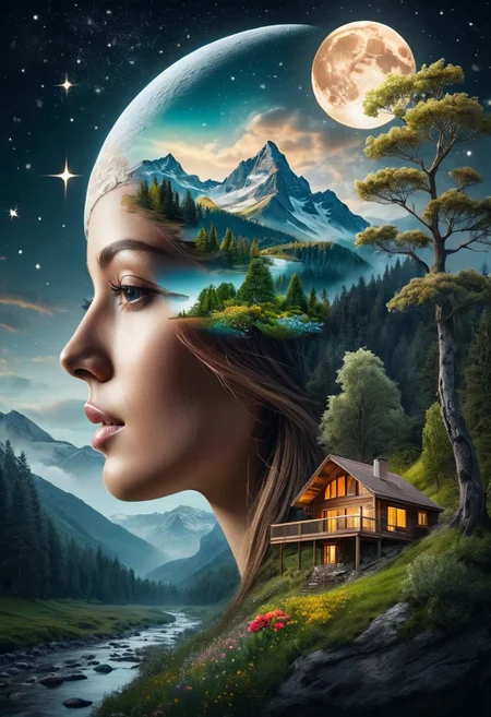 Double Exposure side-view (wooden-bird) Nature, trees, flowers, mountain, stream, moon stars constellation within, nature mind, expressive creative art, surrealistic concept art, ethereal landscape in a cloud of magic coming out the top of a human head, incredible details, high-quality, flawless composition, masterpiece, highly detailed, photorealistic, UHD. vibrant, Masterpiece, (32k), perfect anatomy, enhanced resolution, best quality, enhanced details, best artist, sharp edges, detailed textures, ((full body shot)), atmospheric lighting, visually stunning, perfect composition, trending on behance