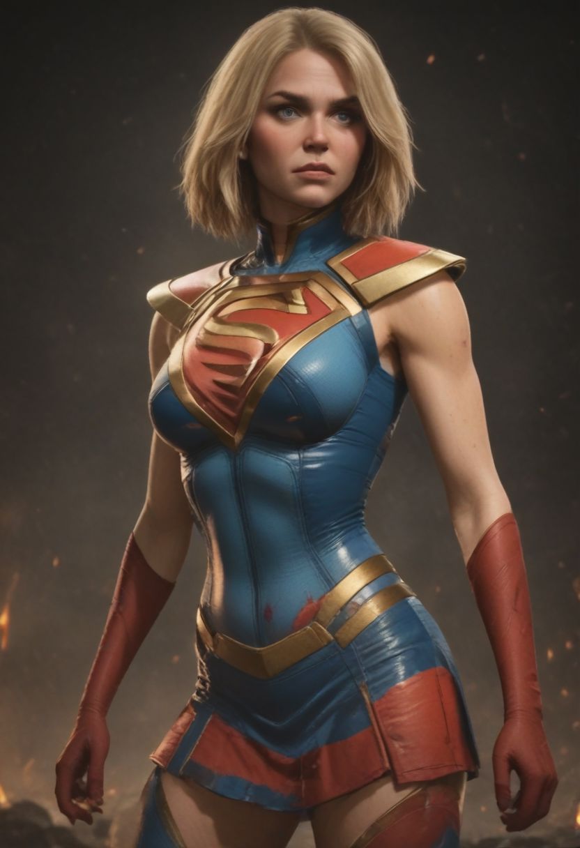 High resolution ultra-realistic of Beautiful Supergirl fighting against alien invasion, attractive body, cinematic style, capturing the intensity of the moment, dc comics, dramatic lighting, standing on a bloody and stormy battlefield in a fighting pose, fire, realistic combat costume, red mini skirt, perfect athletic figure, handsome dirty bloody face, wavy blonde hair, superheroine charming, beautiful perfect detailed pupils, wet oily shiny skin, beautiful firm Breasts, defiant and seductive, sexy 20 year old girl, 8k resolution concept art portrait by Greg Rutkowski