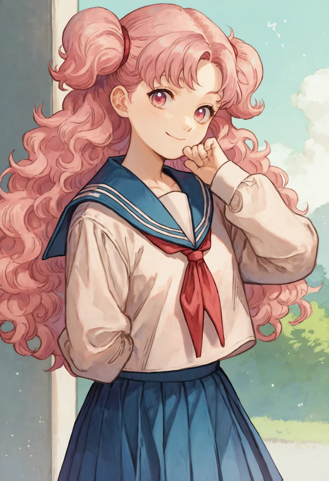 score_9, score_8_up, score_7_up, 1girl tetia pink hair pink eyes long hair wavy hair, light smile, serafuku, school uniform, pleated skirt
<lora:witch_hat_atelier_2:1>