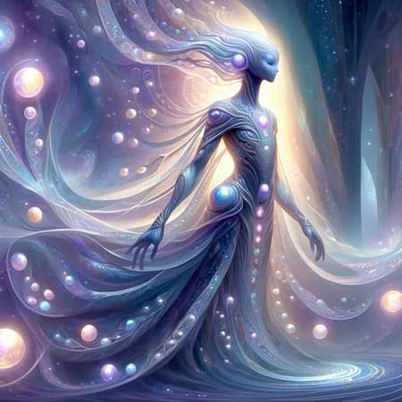 Pearlum, ethereal being, humanoid figure, elongated limbs, intricate patterns, flowing robes, glowing orbs, cosmic background, radiant beams, soft blues, purples, whites, otherworldly atmosphere, fantasy art, digital illustration, high detail, vibrant colors, mystical, surreal, imaginative, artistic, fantasy character, glowing elements, ethereal glow, fantasy setting, mystical figure, fantasy design, digital art, fantasy illustration. <lora:Pearlum_World_Morph:1>