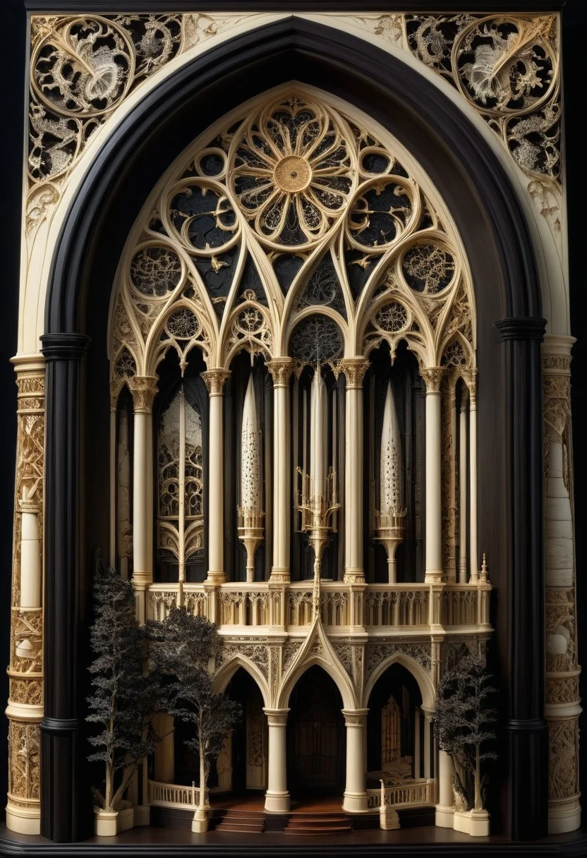made made out of, ebony, ivory, scrimshaw, bone carving, Photo, close up, no humans, evening with golden hour lighting, professional grade, dark Gothic, Studio lighting. Photo realistic, Natural atmospheric lighting, intricate details, 35mm photograph, film, professional, 32k visuals, highly detailed, elegant, studio quality, cathedral made out of, ebony, ivory, scrimshaw, bone carving, scenery, outdoor.