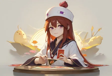 enderman hat, enderman-chan, year2024, longer ophanim, tarot card, Photoillustration, The face of the goose is now etched in the 8K art of Japan, a verdant overgrown The Forbidden City, 2D game art, 1girl, solo, colourful, score_9, score_8_up, score_7_up, masterpiece, best quality, very aesthetic