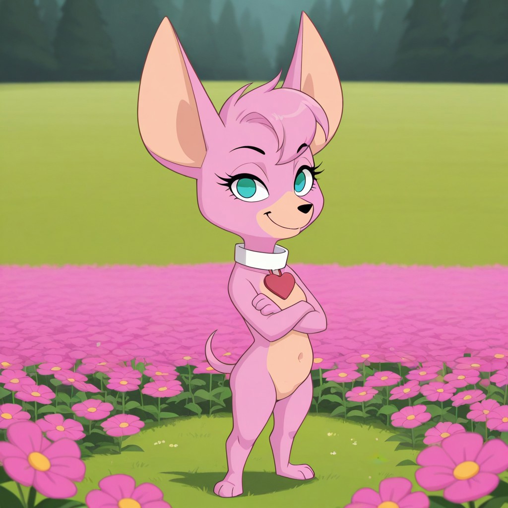 score_9, score_8_up, score_8, score_7, source_cartoon, Mammoth_M, solo, 1girl, semi-anthro, female furry, dog, dog girl, chihuahua, pink fur, tan muzzle, tan belly, aqua eyes, eyelashes, large ears, dog tail, black nose, white collar, heart dog tag, shortstack, full body, looking at viewer, standing, arms crossed, smile, flower field setting,