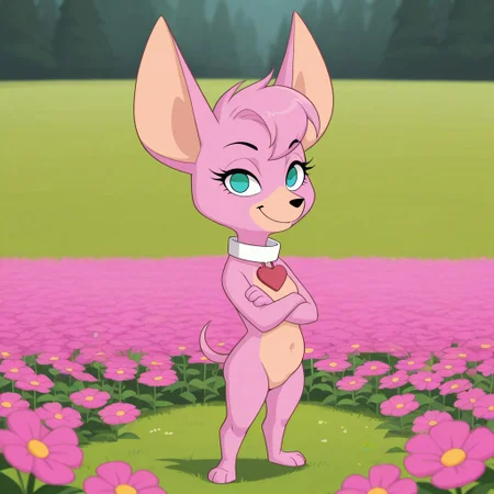 score_9, score_8_up, score_8, score_7, source_cartoon, Mammoth_M, solo, 1girl, semi-anthro, female furry, dog, dog girl, chihuahua, pink fur, tan muzzle, tan belly, aqua eyes, eyelashes, large ears, dog tail, black nose, white collar, heart dog tag, shortstack, full body, looking at viewer, standing, arms crossed, smile, flower field setting,