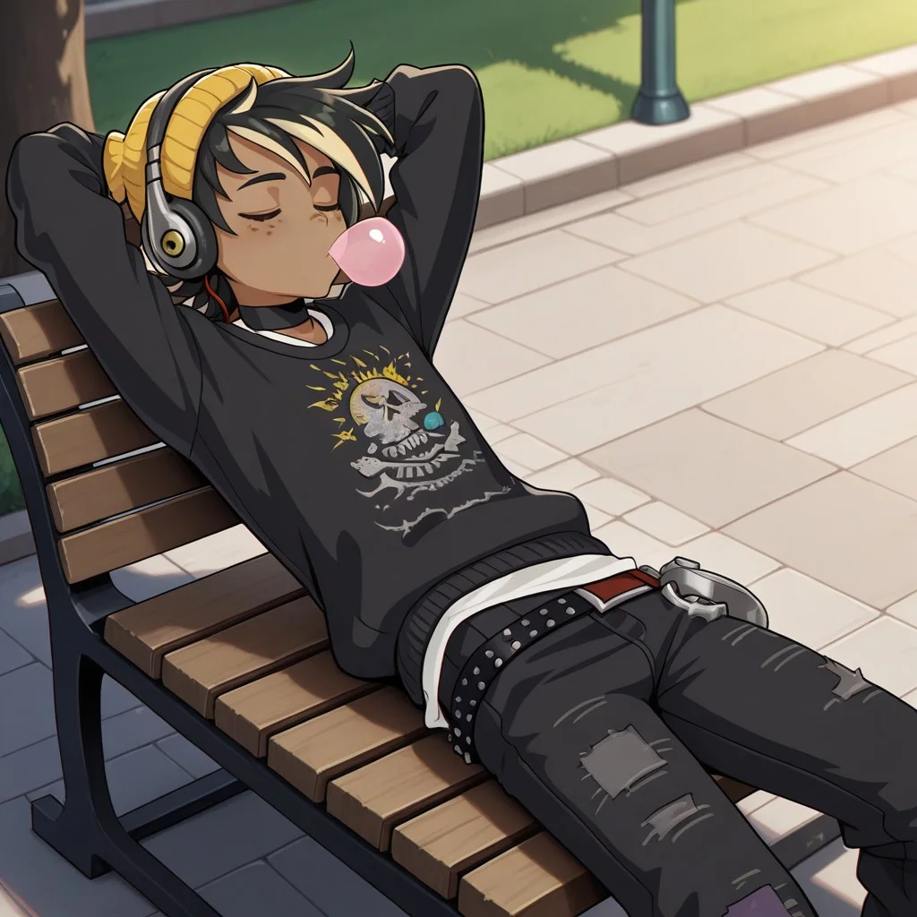 masterpiece, best quality, amazing quality, r3mifort, male, solo, human, dark skin, black hair, short hair, spiked hair, yellow highlights, black eyes, freckles, 
closed eyes, yellow beanie, headphones, black collar, wristbands, black sweater, studded belt, black jeans, ripped jeans, red sneakers, on bench, lying on back, arms behind head, blowing gum, outdoors, park