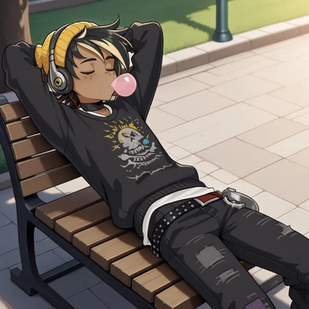 masterpiece, best quality, amazing quality, r3mifort, male, solo, human, dark skin, black hair, short hair, spiked hair, yellow highlights, black eyes, freckles, 
closed eyes, yellow beanie, headphones, black collar, wristbands, black sweater, studded belt, black jeans, ripped jeans, red sneakers, on bench, lying on back, arms behind head, blowing gum, outdoors, park