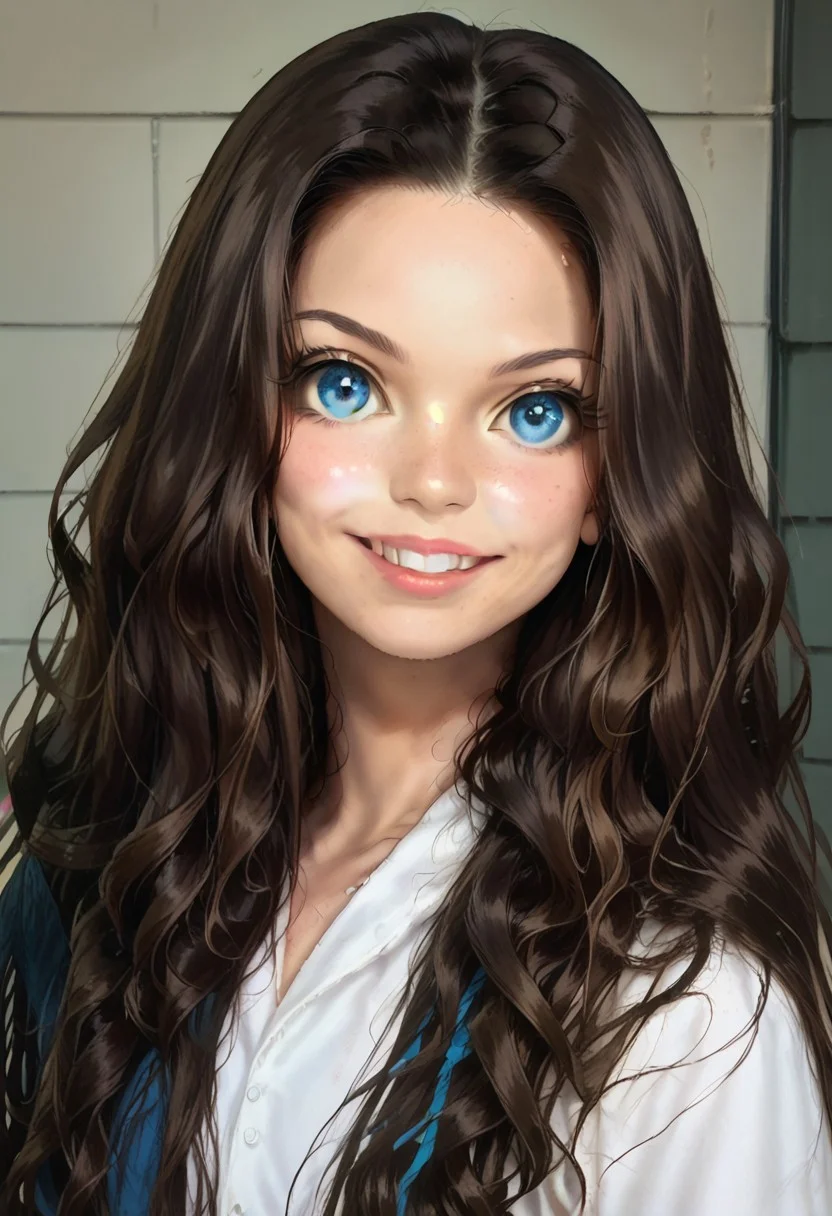 score_9, score_8_up, score_7_up, 1girl, solo, long hair, smile, brown hair, blue eyes, looking at viewer, grin, teeth, upper body, wavy hair, realistic, lips,(portrait:1.2),s1n0p0p
