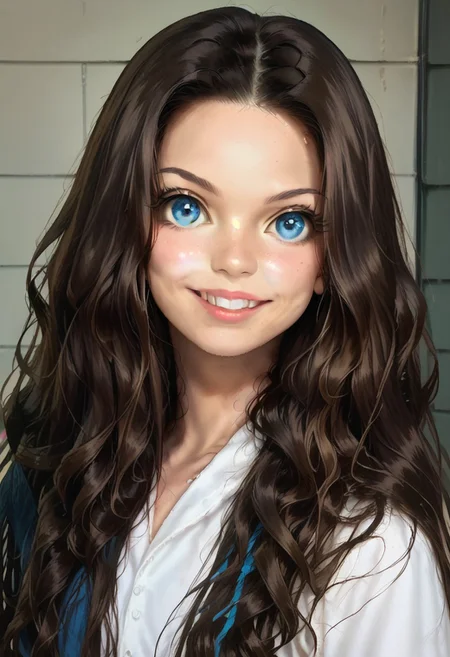 score_9, score_8_up, score_7_up, 1girl, solo, long hair, smile, brown hair, blue eyes, looking at viewer, grin, teeth, upper body, wavy hair, realistic, lips,(portrait:1.2),s1n0p0p