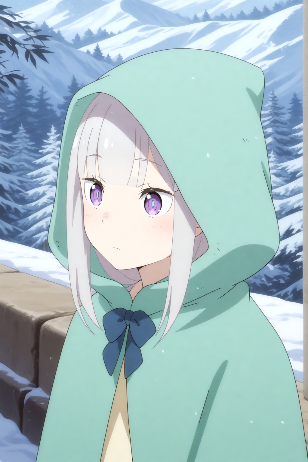anime coloring, emilia, winter coat, green cloak, hood up, aged down, outdoors  <lora:Emilia-all outfits-illu:0.8>