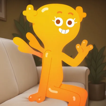 uncensored, masterpiece, best quality, highly detailed, realistic, 1girl, solo, PenFGB, female humanoid, fairy, antlers, orange eyebrows, white eyelashes, dark-orange eyes, yellow skin, multicolored skin, orange legs, small wings, smile, closed mouth, looking at viewer, living room, white couch, sitting, (side view), detailed background, three-quarter portrait, (waving, 3 fingers), (featureless crotch), ((yellow face)), (teeth)