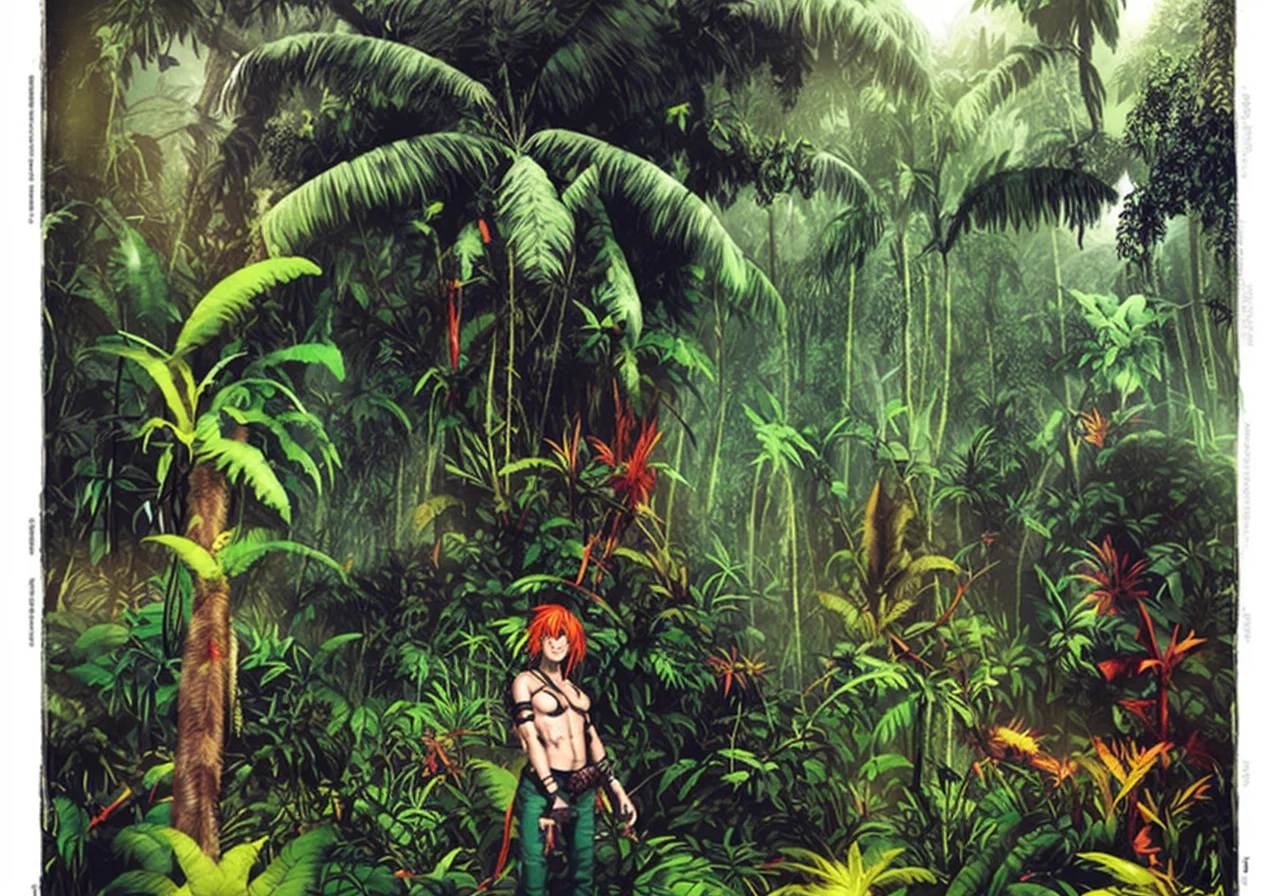 textless, junglepunk jungle trees, overgrown landscape, in another Amazonian jungle-punk world