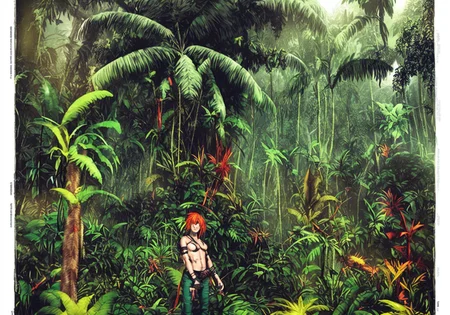 textless, junglepunk jungle trees, overgrown landscape, in another Amazonian jungle-punk world