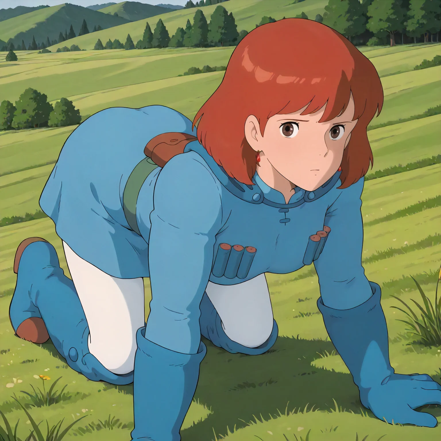 <lora:NotVotW_NausicaaXLIllustrious022>,
masterpiece,best quality,good quality,newest,
outdoors,detailed background,grassland,nature,
looking at viewer,
solo,
VWNausicaa,1girl,brown hair,medium hair,brown eyes,
breasts,
blue dress,chest bullet holder,long_sleeves,
belt,
white tights,
blue gloves,
blue leg warmer,knee boots,
all fours,