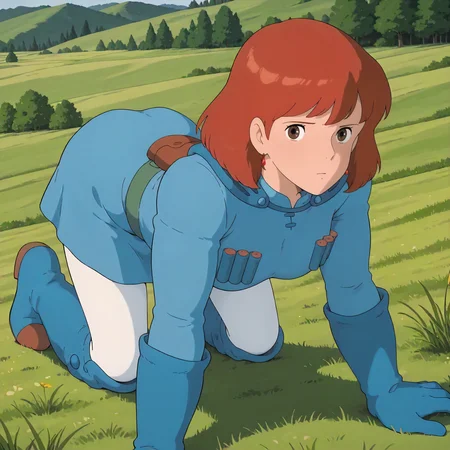 <lora:NotVotW_NausicaaXLIllustrious022>,
masterpiece,best quality,good quality,newest,
outdoors,detailed background,grassland,nature,
looking at viewer,
solo,
VWNausicaa,1girl,brown hair,medium hair,brown eyes,
breasts,
blue dress,chest bullet holder,long_sleeves,
belt,
white tights,
blue gloves,
blue leg warmer,knee boots,
all fours,