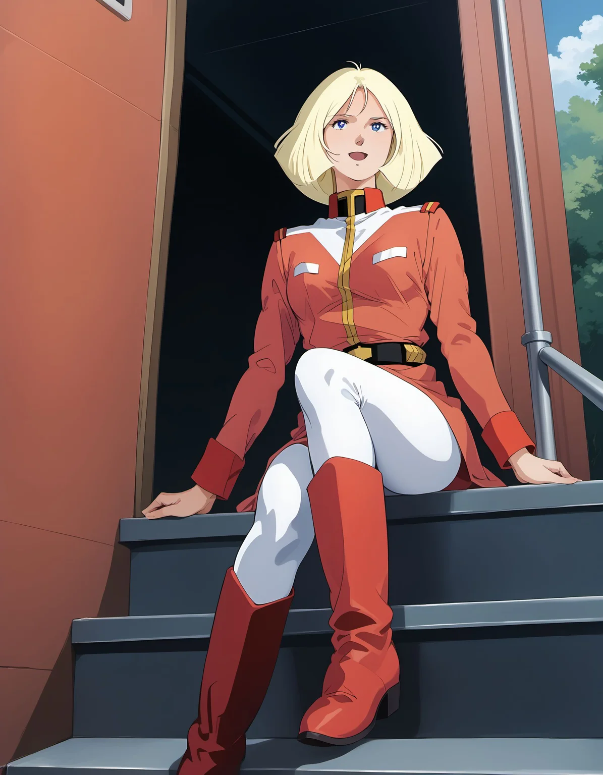 (score_9:0.0), score_8_up, score_7_up, source_photo, hd, highres, photography, Realistic
BREAK
1girl, solo,
red military jacket, long sleeves, belt, white leggings, red knee boots, military uniform,
light smile, open mouth, looking up,
sitting on stairs, knees together feet apart,
handrail, outdoors,
3/4 view, from below,
<lora:XL_DK_sayla20240925b_pony_Prodigy:1> dk_sayla, 1980s \(style\), parody,
