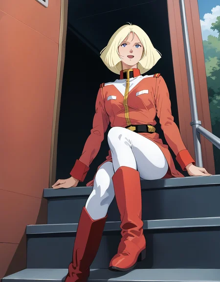 (score_9:0.0), score_8_up, score_7_up, source_photo, hd, highres, photography, Realistic
BREAK
1girl, solo,
red military jacket, long sleeves, belt, white leggings, red knee boots, military uniform,
light smile, open mouth, looking up,
sitting on stairs, knees together feet apart,
handrail, outdoors,
3/4 view, from below,
<lora:XL_DK_sayla20240925b_pony_Prodigy:1> dk_sayla, 1980s \(style\), parody,