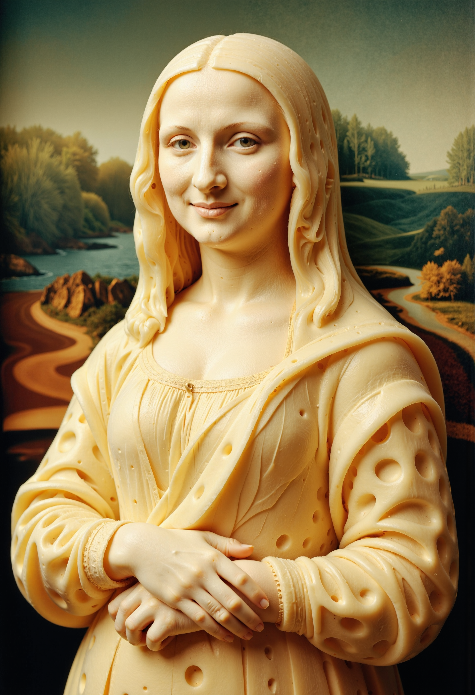 A statue of the Mona Lisa made of cheese. <lora:Hyper-FLUX.1-dev-16steps-lora:0.15> <lora:Challenge_Winnifier_ENTERPRISE_EDITION_epoch_5:0> <lora:Made_from_Cheese_Flux:1>