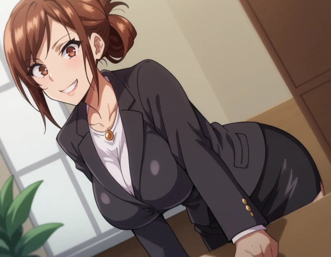 score_9, score_8_up, score_7_up, source_anime,
hisatoazuma, <lora:hisato-azuma-ova-ponyxl-lora-nochekaiser:1>,
hisato azuma, brown hair, brown eyes, large breasts,
formal, suit, office lady, skirt, black skirt, black jacket, folded ponytail,
indoors, office, bent over, smile,
looking at viewer, cowboy shot, solo, dutch angle,
