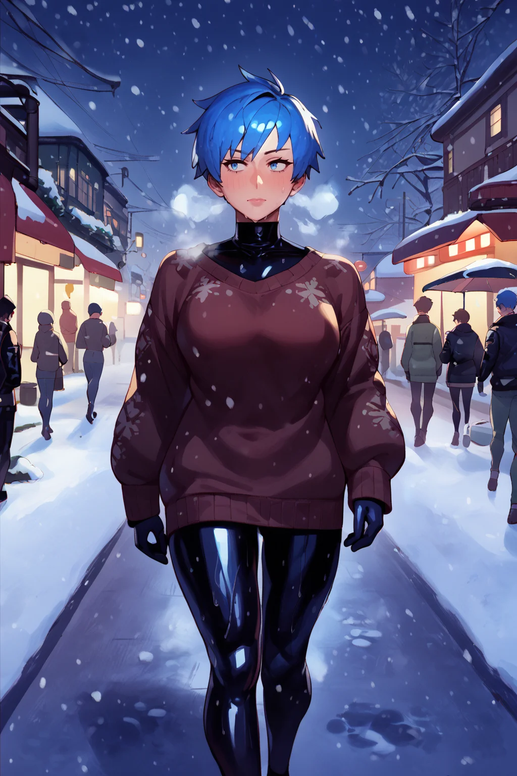 sweater <lora:latex_under_clothes:1> latex under clothes, latex body suit, sweaty, steamy body, short tomboy hair, big boobs, <lora:RD-MAnon-XLV1.1:1> walking donw town, in winter, snowing, breath fog, blue hair and eyes, walking away from viewer, public space, charismas, source_anime, score_9_up, score_7_up, score_8_up