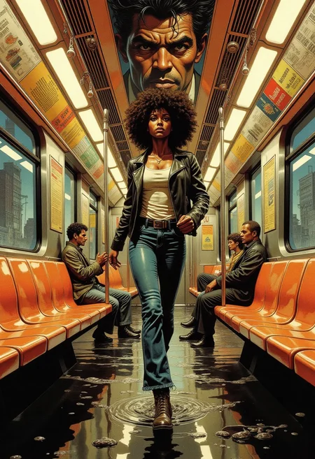 Comic book style 8k high quality digital painting , masterpiece, very detailed, ultra realistic, (best quality) very detailed epic masterpiece, This image is a anime photograph of the interior of a surface transport bus, captured in a warm, golden hue that gives the scene a nostalgic and slightly vintage feel. front view of a slim adult black woman, Afro Hairdo, Black leather jacket white tank top t-shirt and jeans, running fast across low water towards the camera, She is running very fast in low water towards the viewer. The bus features a sleek, modern design with polished stainless steel walls and ceilings. The floor is a dark, reflective black material that mirrors the light fixtures and the passengers' reflections. The seats are bright orange plastic, with a smooth, glossy finish, and are arranged in rows along the walls. Each seat has a backrest and a handrail for support. The windows are large and rectangular, allowing natural light to flood the car. Some people sitting here and there.
On the walls, there are advertisements and informational posters, including one that reads "Mullard Street Station" and another with a map of the subway system. The ceiling is lined with fluorescent lights, casting a soft, even glow throughout the car. The photograph captures the everyday experience of riding public transportation, emphasizing the practicality and functionality of the city transport's design, fna_style, Comic book style