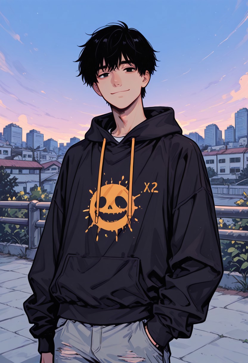 score_9, score_8_up, score_7_up, source_anime, highly detailed,
kazahaya, 1boy, male focus, solo, black hair, upper body, black eyes, looking at viewer, smile, hoodie, hood, pants,
outdoor, buildings, sky