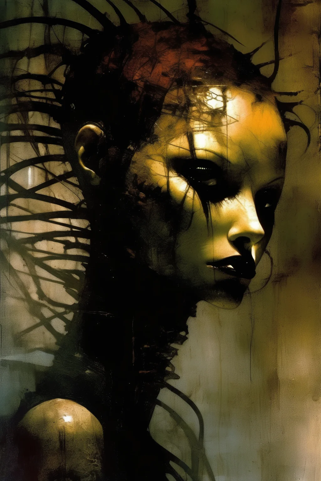 <lora:Dave McKean Style:1>Dave McKean Style - Beautiful Fembot Dramatic dynamic portrait Dave McKean Art Style eerie atmosphere Grimdark gritty texture