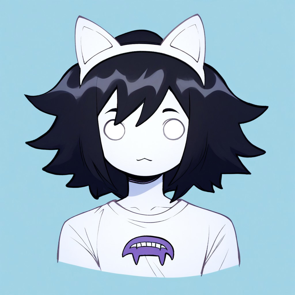 OverallDetail, angstrom, score_9, score_8_up, score_7_up, score_6_up, score_5_up, score_4_up, BREAK, Kiki Fukuoka, white eyes, no pupils, Colored skin, White skin, Black hair, Spiky hair, animal ears, cat ears, headband, :3, tail, white shirt, headshot, portrait,