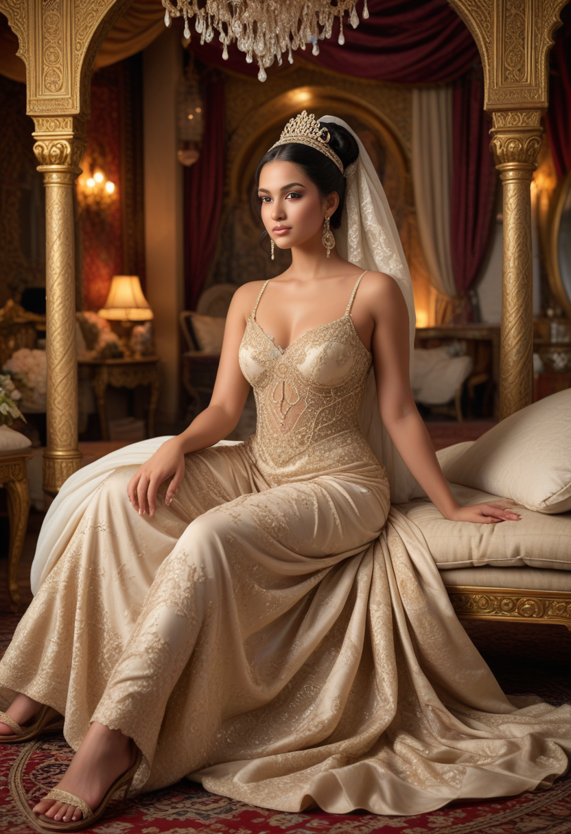 (medium full shot) of  (attractive arabian princess) young woman, full-figured, black hair, hairbun, brown eyes, tan skin, wearing Ornate lace gown with pearl embellishments, draped silhouette, beaded headpiece, satin sandals, ornate jeweled headpiece with cascading veil, set in  Harem Chamber, Lavish sanctuary with billowing silks and plush cushions, ornate tapestries and gilded mirrors, the scent of jasmine and rose petals, the soft murmur of conversation and laughter , at sunset, laughing, squatting, Masterpiece,best quality, photorealistic, amazing quality, very aesthetic, extremely detailed face,