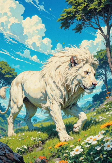 (soft bloom)
A majestic white lion walking gracefully through a lush green savannah under a bright blue sky with fluffy white clouds. The scene is vibrant and full of life, with sunlight casting warm highlights on the lion's fur and creating dynamic shadows in the grass. The environment is rich in detail, featuring soft wind-blown grass, delicate flowers in the foreground, and tall trees in the background. The style blends anime aesthetics with a semi-realistic approach, emphasizing clean lines, vivid colors, and a harmonious composition. Cinematic lighting enhances the sense of movement and grandeur