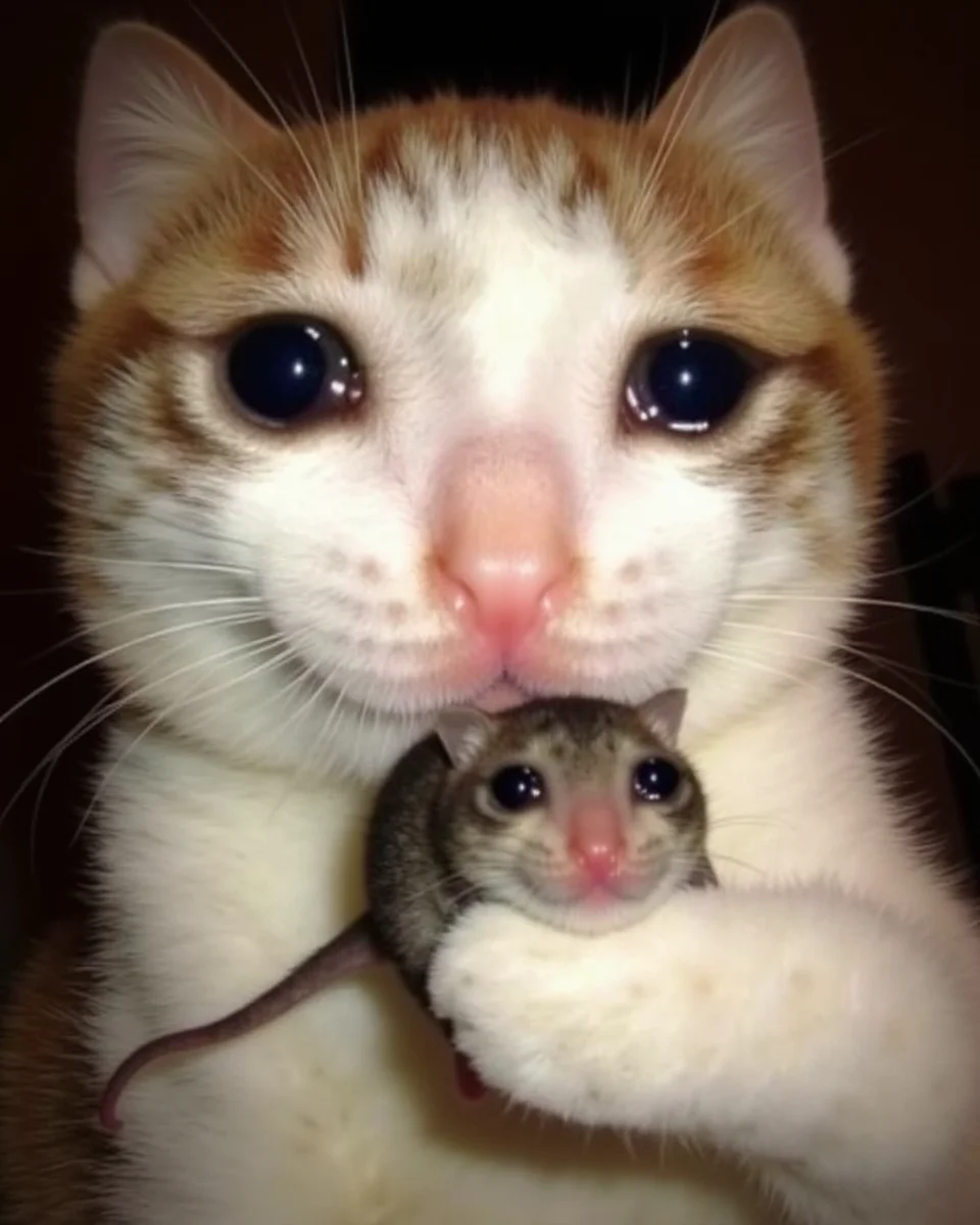 A close-up photo of a crying cat, Holding a crying mouse in his mouth