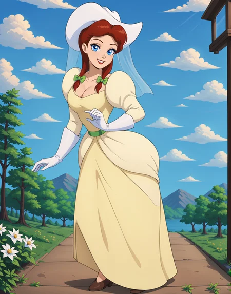 suexl, 1girl, solo, breasts, smile, blue eyes,, gloves, cowboy hat, dress, bow, cleavage, medium breasts, red hair, puffy sleeves, white gloves, white headwear, veil, green bow, retro artstyle, yellow dress, hair bow
masterpiece, best quality, amazing quality, very aesthetic, absurdres,
<lora:suexl:1>