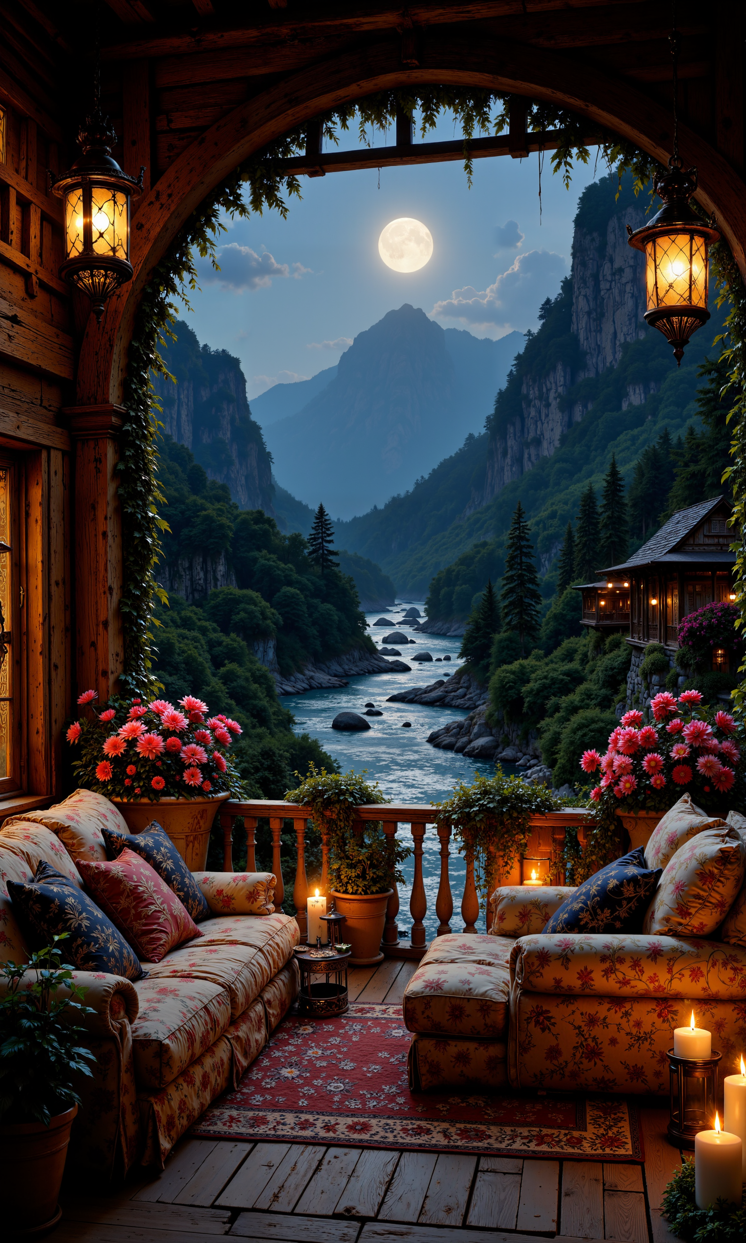 A rustic countryside terrace adorned with plush, patterned cushions and soft, ambient lighting from vintage hanging lanterns. Elegant, overflowing planters frame the space, rich with colorful blooms. The terrace overlooks a tranquil, flowing river flanked by lush greenery, extending to a distant mountain range under a luminous full moon. The nighttime atmosphere is serene and enchanting, with moonlight casting gentle shadows that dance across the wooden flooring. The perspective artfully draws the eye from the intimate seating area to the breathtaking natural panorama. The warm hues of the lanterns' glow create a harmonious contrast against the cool moonlit landscape, evoking a sense of peace and connection with nature. Framed in 8k resolution, the scene is a masterpiece of detail, capturing everything from the texture of the worn wood to the shimmer on the water's surface, inviting viewers into this cozy nocturnal escape. <lora:FluxFantasyDetailerV2:0.9> <lora:Anime realistic V1:0.3> <lora:flux_dev:1>