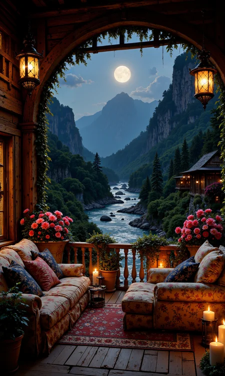 A rustic countryside terrace adorned with plush, patterned cushions and soft, ambient lighting from vintage hanging lanterns. Elegant, overflowing planters frame the space, rich with colorful blooms. The terrace overlooks a tranquil, flowing river flanked by lush greenery, extending to a distant mountain range under a luminous full moon. The nighttime atmosphere is serene and enchanting, with moonlight casting gentle shadows that dance across the wooden flooring. The perspective artfully draws the eye from the intimate seating area to the breathtaking natural panorama. The warm hues of the lanterns' glow create a harmonious contrast against the cool moonlit landscape, evoking a sense of peace and connection with nature. Framed in 8k resolution, the scene is a masterpiece of detail, capturing everything from the texture of the worn wood to the shimmer on the water's surface, inviting viewers into this cozy nocturnal escape. <lora:FluxFantasyDetailerV2:0.9> <lora:Anime realistic V1:0.3> <lora:flux_dev:1>