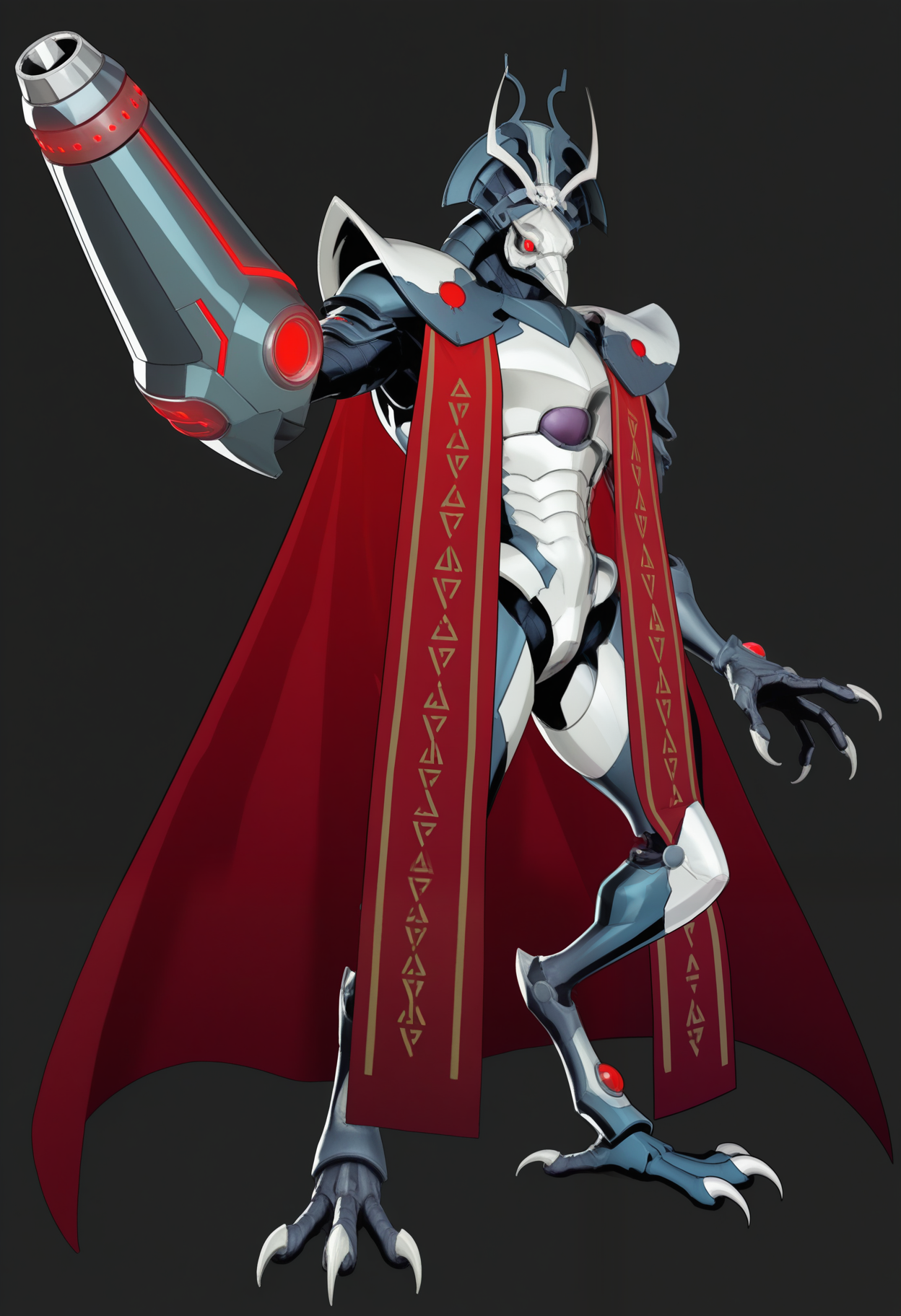 masterpiece,best quality,amazing quality, 1boy, solo, r4v3n, bird boy, armor, helmet, arm cannon, red cape, pose,